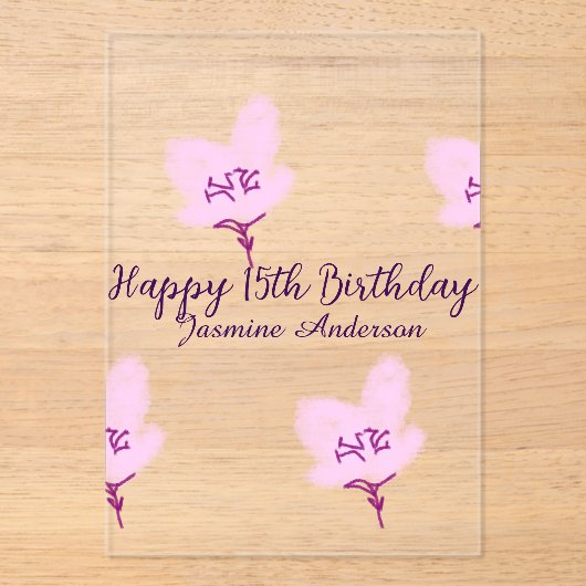Pink mauve floral 15th birthday quinceanera name d アクリル招待状 (正面)