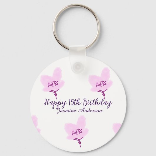 Pink mauve floral 15th birthday quinceanera name d キーホルダー (正面)