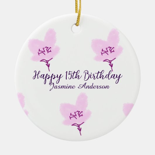 Pink mauve floral 15th birthday quinceanera name d セラミックオーナメント (正面)