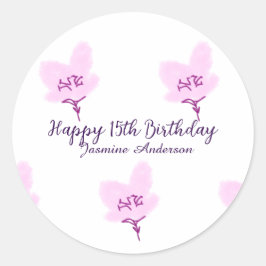 Pink mauve floral 15th birthday quinceanera name d ラウンドシール