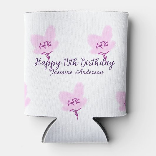 Pink mauve floral 15th birthday quinceanera name d 缶クーラー (正面)