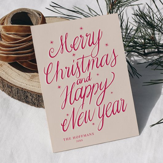 Pink Merry Christmas and Happy New Year signature シーズンカード