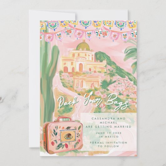Pink Mexican Town Destination Wedding セーブザデート (正面)