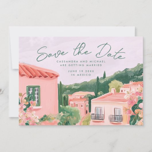 Pink Mexican Town Destination Wedding セーブザデート (正面)