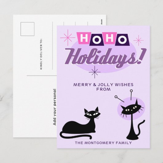 Pink Midcentury Modern Ho Ho Holidays Christmas シーズンポストカード (正面/裏面)
