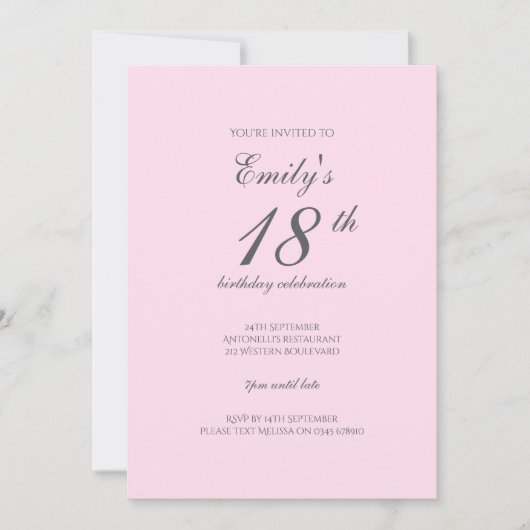 Pink Minimalist 18th Birthday Party Invitation 招待状 (正面)