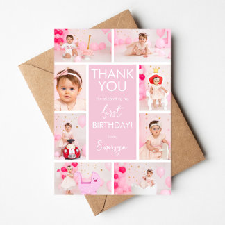 Pink Minimalist 1st Birthday Photo Thank You Card  招待状