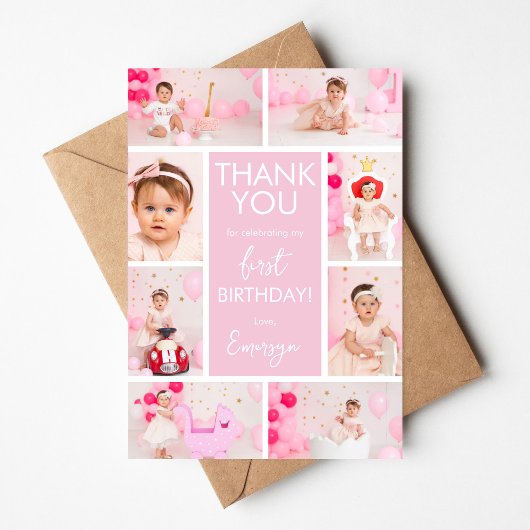 Pink Minimalist 1st Birthday Photo Thank You Card  招待状