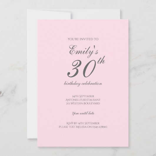 Pink Minimalist 30th Birthday Party Invitation 招待状 (正面)