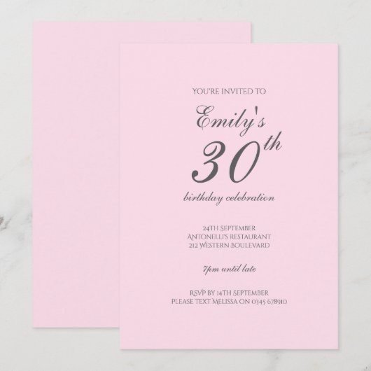 Pink Minimalist 30th Birthday Party Invitation 招待状 (正面/裏面)