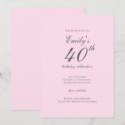Pink Minimalist 40th Birthday Party Invitation 招待状 (正面/裏面)