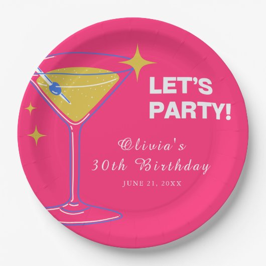 Pink Minimalist Cocktail 30th Birthday Paper Plate ペーパープレート (正面)