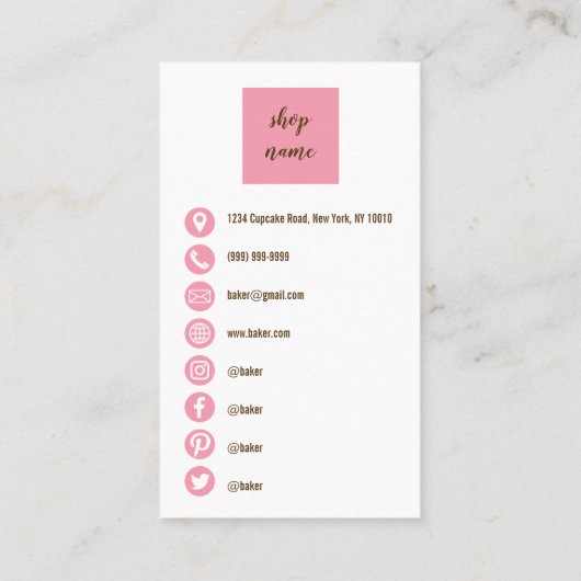 Pink Minimalist Cupcake Baker Business Card 名刺 (裏面)