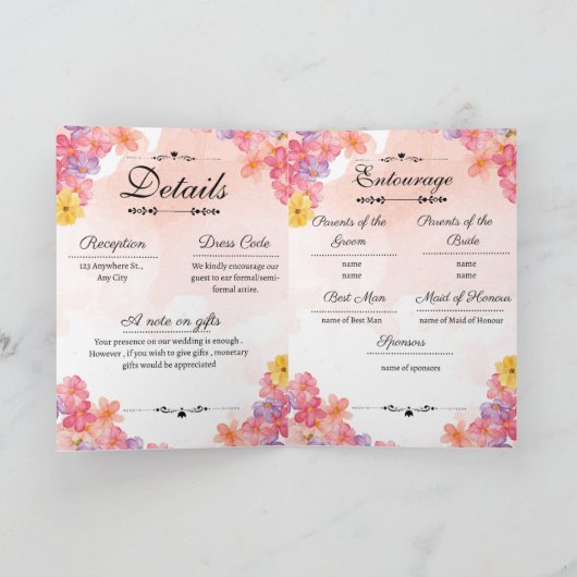 Pink Minimalist Floral Wedding Invitation Card カード (内部)