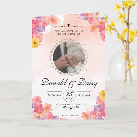 Pink Minimalist Floral Wedding Invitation Card カード (黄色い花)