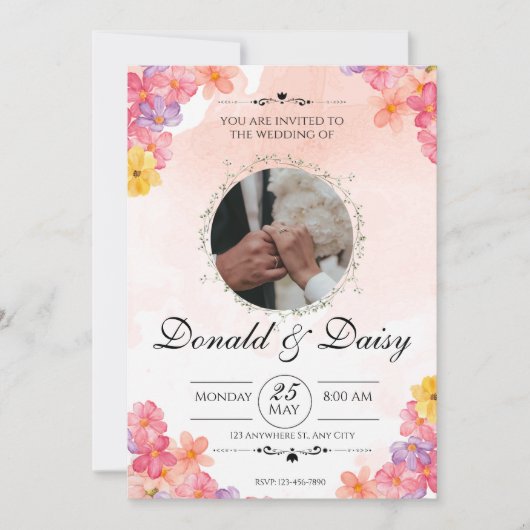 Pink Minimalist Floral Wedding Invitation Card 招待状 (正面)