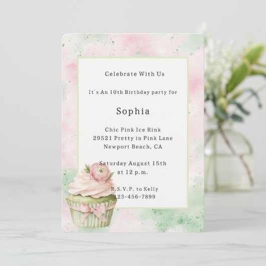 Pink Mint Abstract Flower Cupcake Birthday   招待状 (スタンド正面)