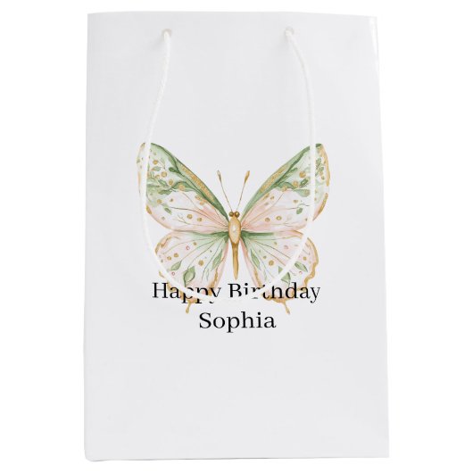 Pink Mint Butterfly Birthday ミディアムペーパーバッグ (正面)