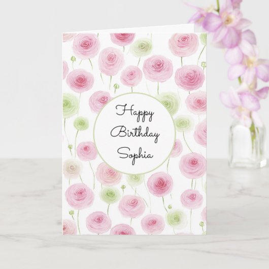 Pink Mint Floral Ranunculus Birthday カード (蘭)