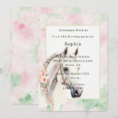 Pink Mint Floral White Horse Birthday   招待状 (正面/裏面)