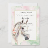 Pink Mint Floral White Horse Birthday   招待状 (正面)