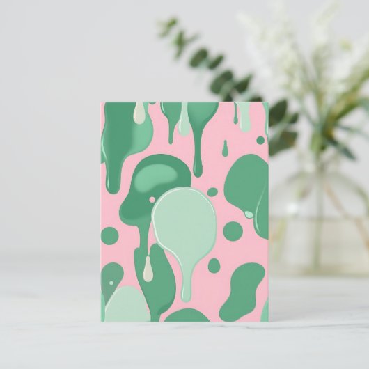 Pink Mint Green Melting Drip Pattern Abstract ポストカード (スタンド正面)