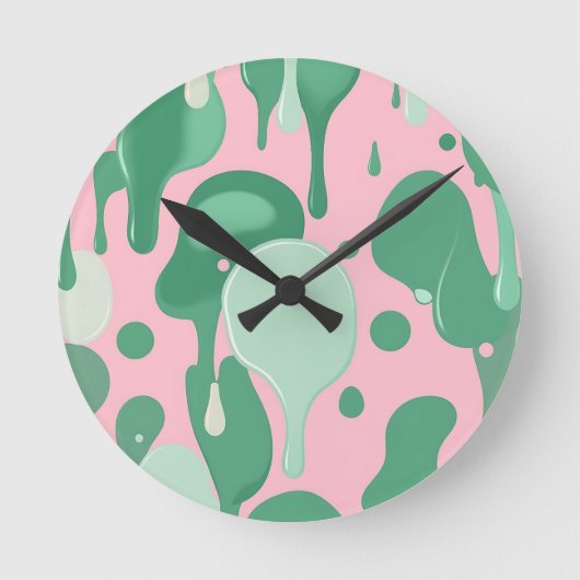 Pink Mint Green Melting Drip Pattern Abstract ラウンド壁時計 (正面)