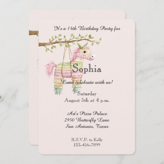 Pink Mint Horse Piñata Birthday 招待状 (正面/裏面)