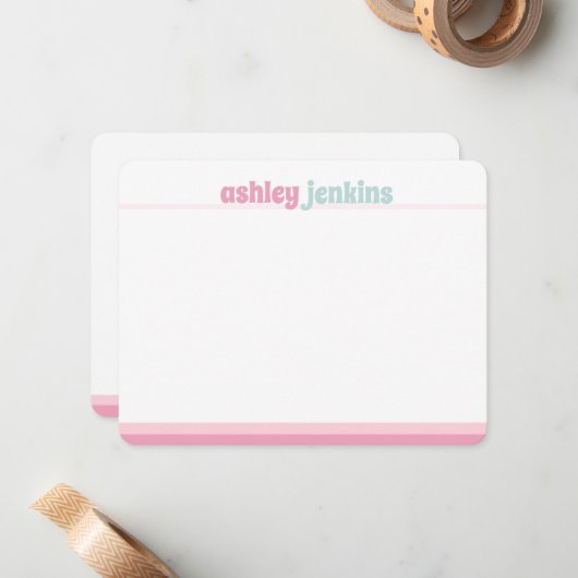 Pink & Mint Modern Name Note Card, Minimalist ノートカード (正面/裏面インサイチュ)