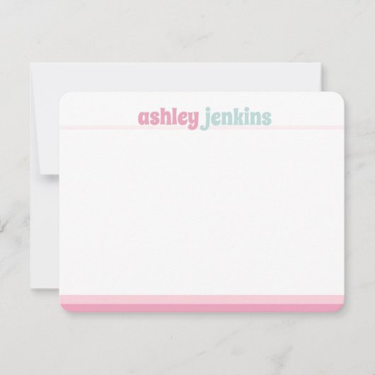 Pink & Mint Modern Name Note Card, Minimalist ノートカード (正面)