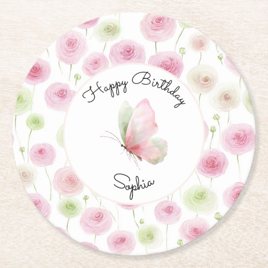 Pink Mint Ranunculus Floral Birthday ラウンドペーパーコースター (正面)