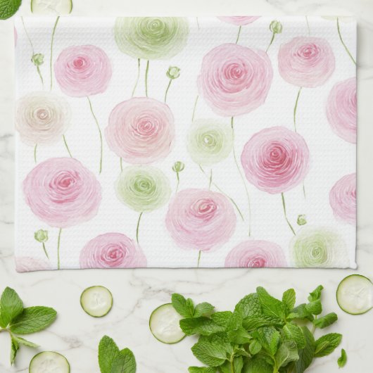 Pink Mint Ranunculus Flowers キッチンタオル (折り畳み)
