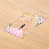 Pink Mis Quince Crown Gold Quinceañera Butterfly アクリル招待状 (レイダウン)