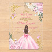 Pink Mis Quince Crown Gold Quinceañera Butterfly アクリル招待状 (正面)