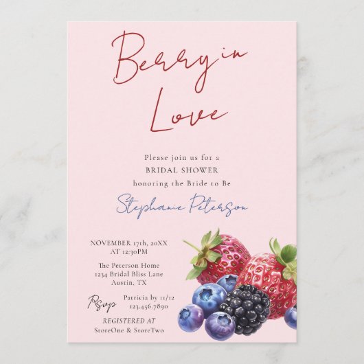 Pink Mixed Berries Berry In Love Bridal Shower  招待状 (正面)
