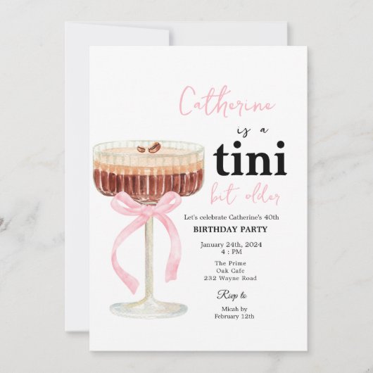 Pink Modern Bow Coffee Cocktail Birthday 招待状 (正面)