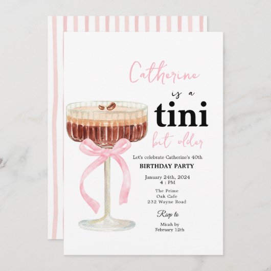 Pink Modern Bow Coffee Cocktail Birthday 招待状 (正面/裏面)