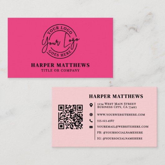 Pink Modern Minimalist Logo QR Code Business Card 名刺 (正面/裏面)
