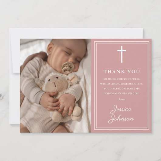 Pink Modern Photo Baptism Christening サンキューカード (正面)