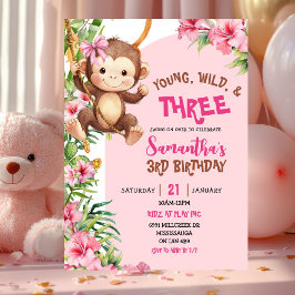 Pink Monkey Young Wild Three Third Birthday 招待状
