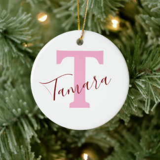 Pink Monogram Christmas Ornament | Custom Name セラミックオーナメント
