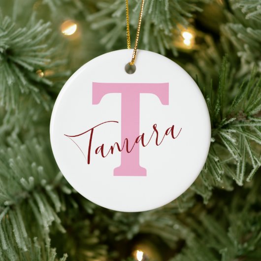 Pink Monogram Christmas Ornament | Custom Name セラミックオーナメント (ツリー)