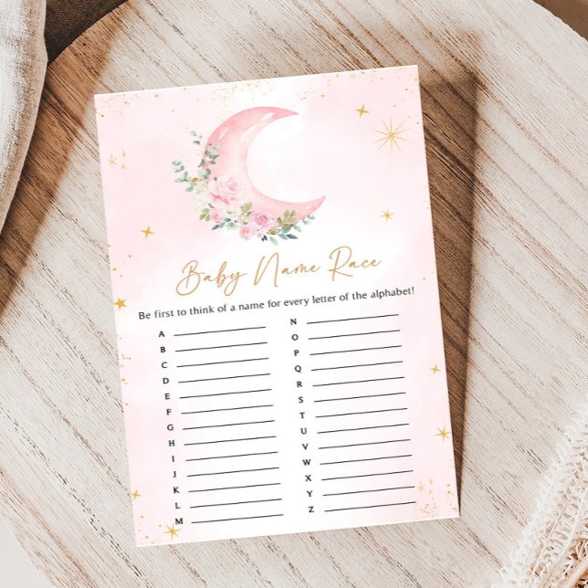 Pink Moon and Stars Baby Shower Name Race Game (Floral Monn and Stars Baby Shower Game)