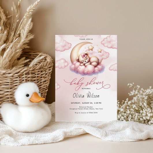 Pink Moon & Teddy Bear Baby Shower 招待状