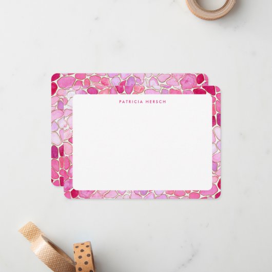 Pink Mosaic Girly Cute Personalized Name Note Card ノートカード (正面/裏面インサイチュ)