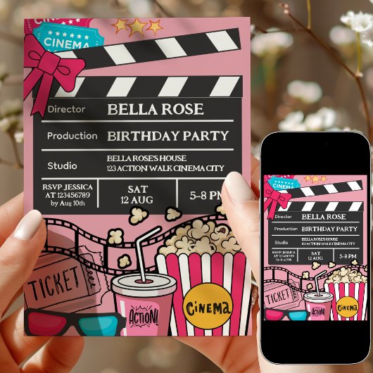 Pink Movie Night Birthday Party For Girls 招待状