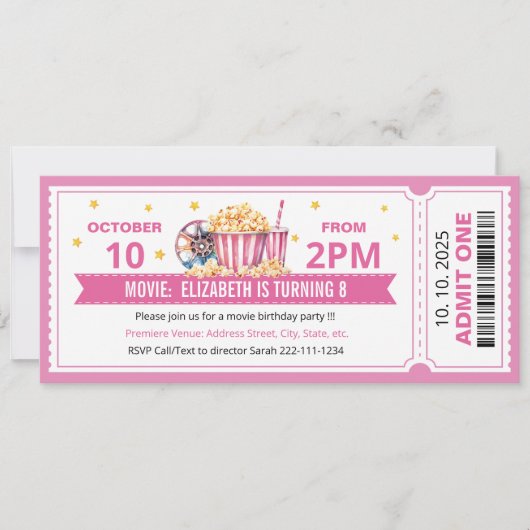 Pink Movie ticket birthday invitation 招待状 (正面)