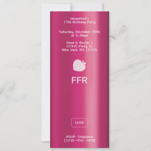 Pink MP3 Music Player Birthday 招待状 (裏面)