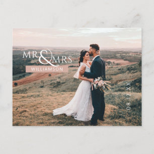 Pink Mr. & Mrs. Monogramの写真ありがとうござ結婚う ポストカード