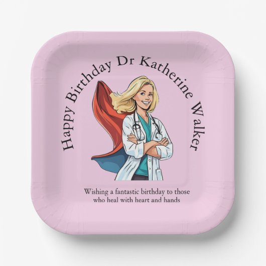 pink Mrs DOCTOR BIRTHDAY ペーパープレート (正面)